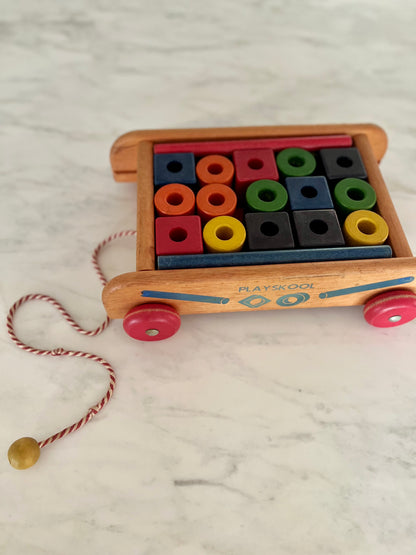 Vintage Playskool Wagon with Wooden Blocks & Pull Cart