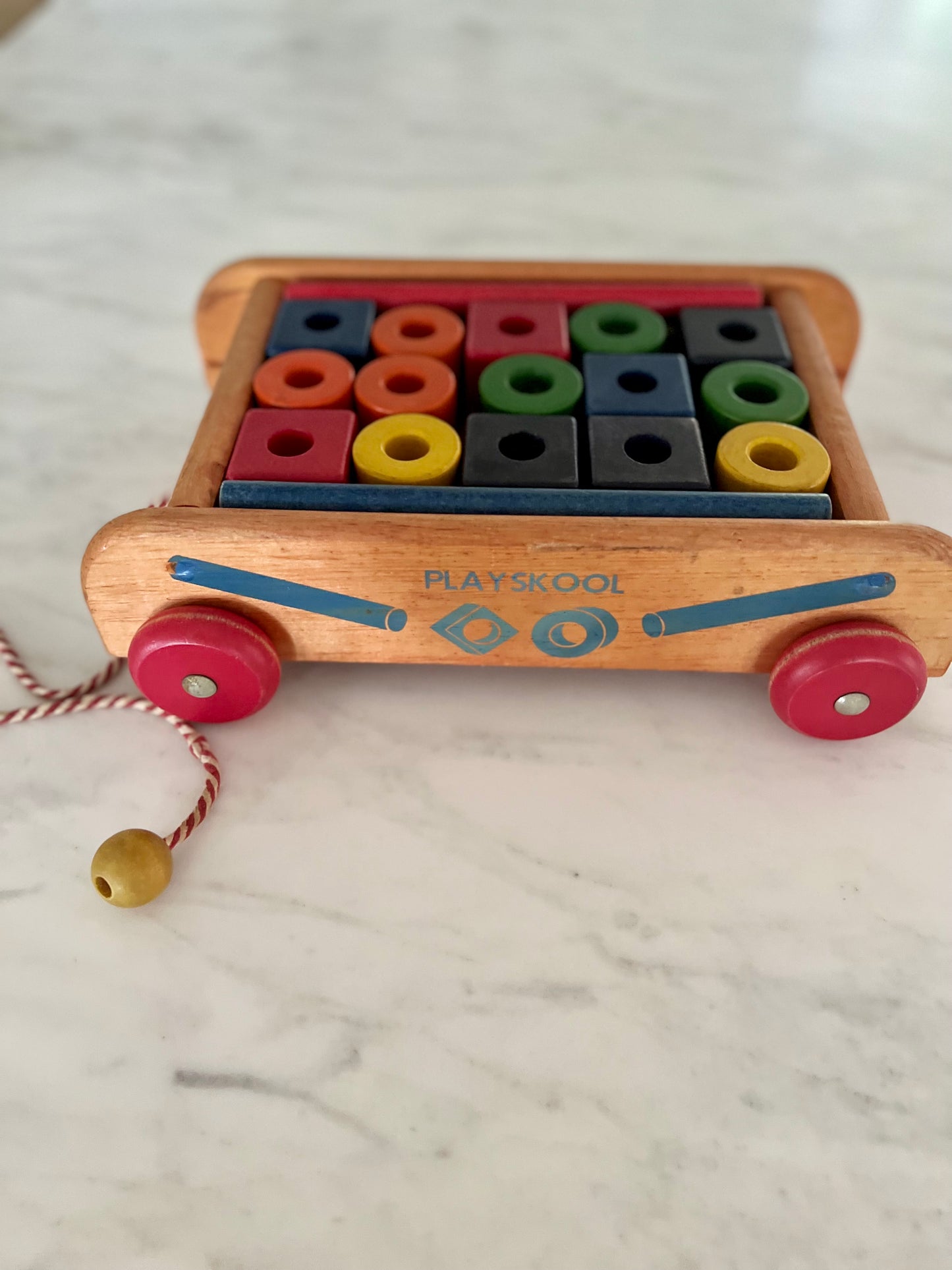 Vintage Playskool Wagon with Wooden Blocks & Pull Cart