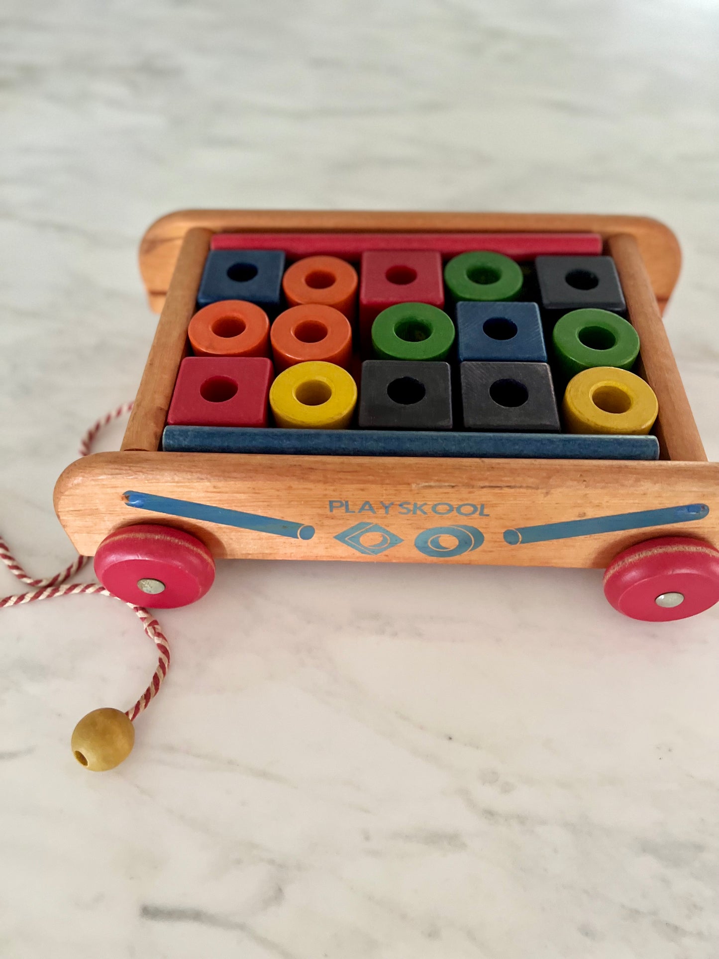 Vintage Playskool Wagon with Wooden Blocks & Pull Cart