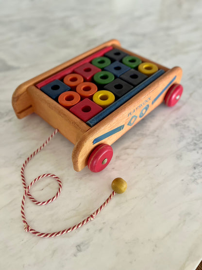 Vintage Playskool Wagon with Wooden Blocks & Pull Cart