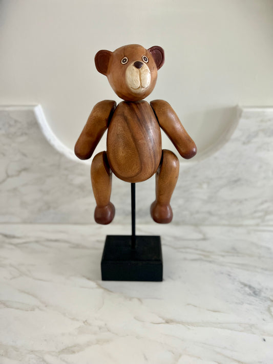 Vintage Hand Carved Wooden Bear on Stand